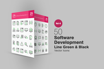 50 Software Development Green & Black Line Icons