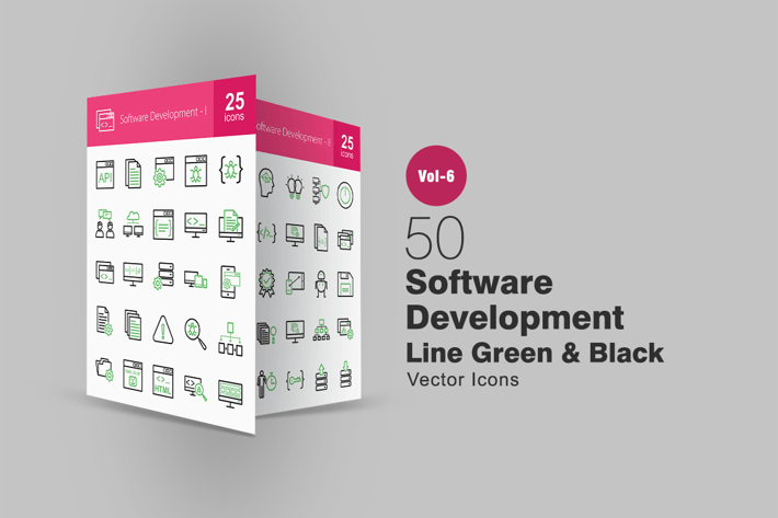 50 Software Development Green & Black Line Icons