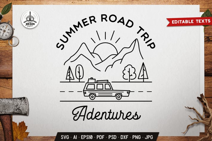 Summer Line Art Logo Design Hiking Road Trip Badge