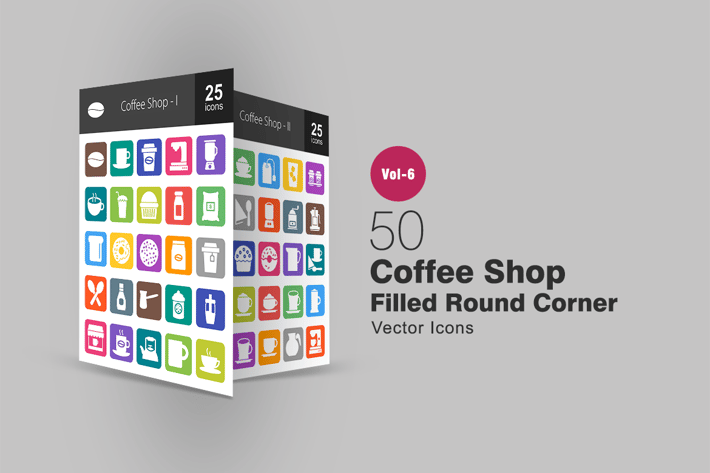 50 Coffee Shop Filled Round Corner Icons