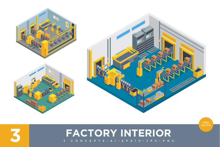 3 Isometric Factory Interior Vector Set 1