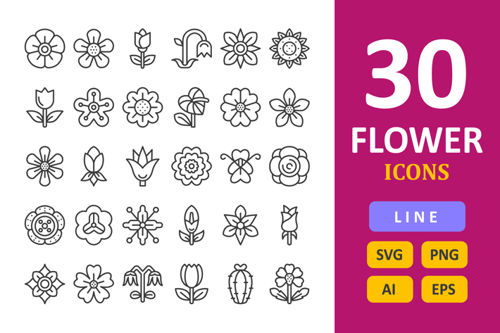 30 Flowers Icons - Line