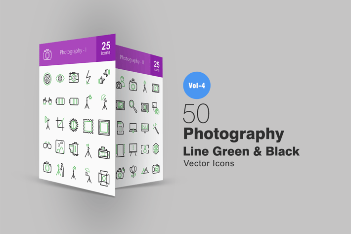 50 Photography Line Green & Black Icons