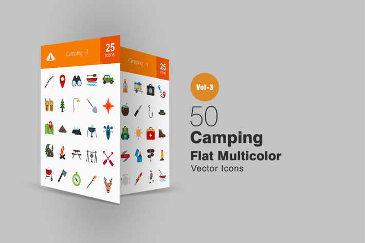 50 Camping Flat Multicolor Icons