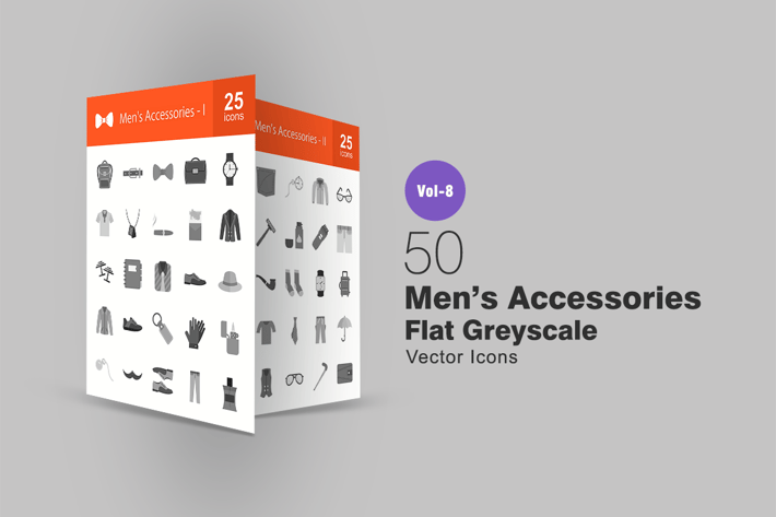 50 Men's Accessories Flat Greyscale Icons