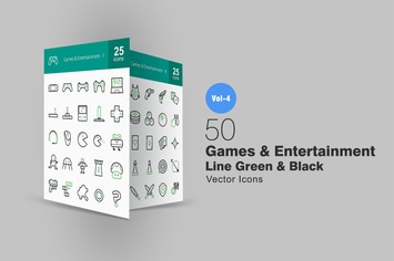 50 Games & Entertainment Line Green & Black Icons