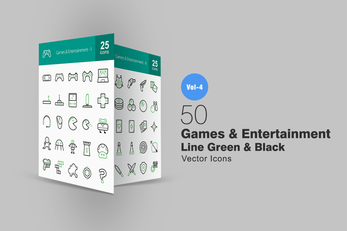 50 Games & Entertainment Line Green & Black Icons