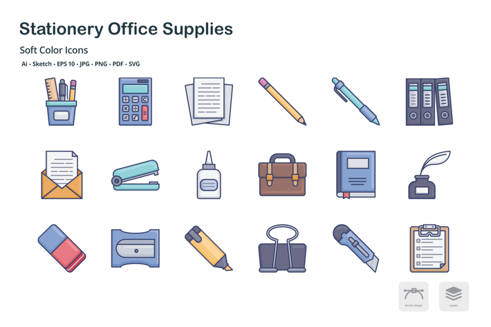 Stationery office supplies soft color icons