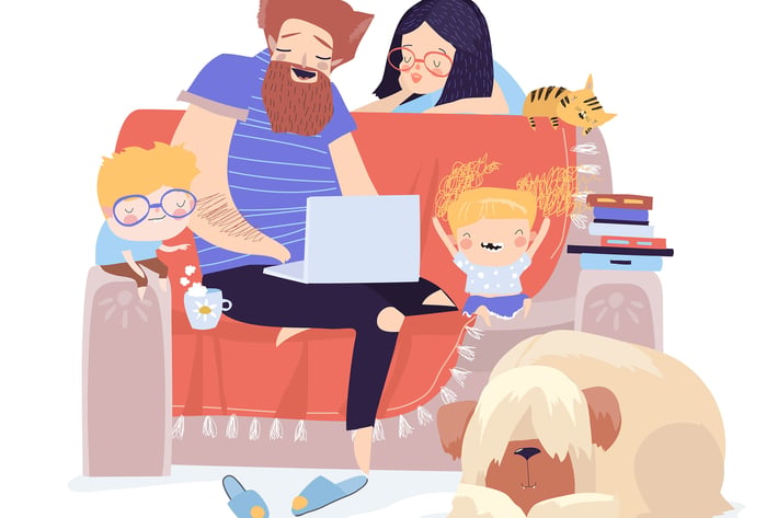 Happy family sitting on the couch with laptop. Vec