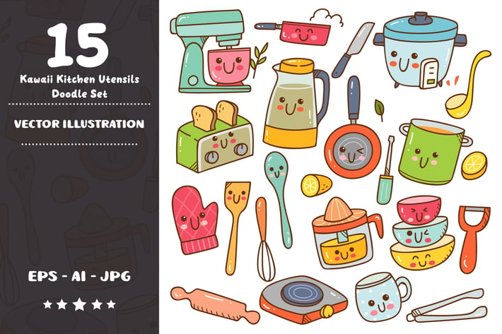 Kawaii Kitchen Utensils Doodle Set