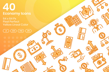 40 Economy Icons Set - Yellow Lineal Color