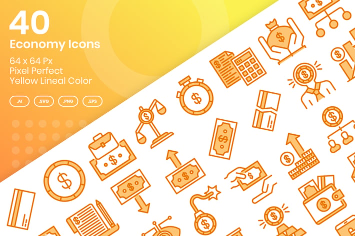 40 Economy Icons Set - Yellow Lineal Color