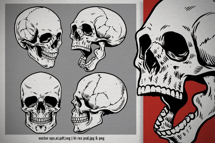 set hand drawn style of vintage human skull