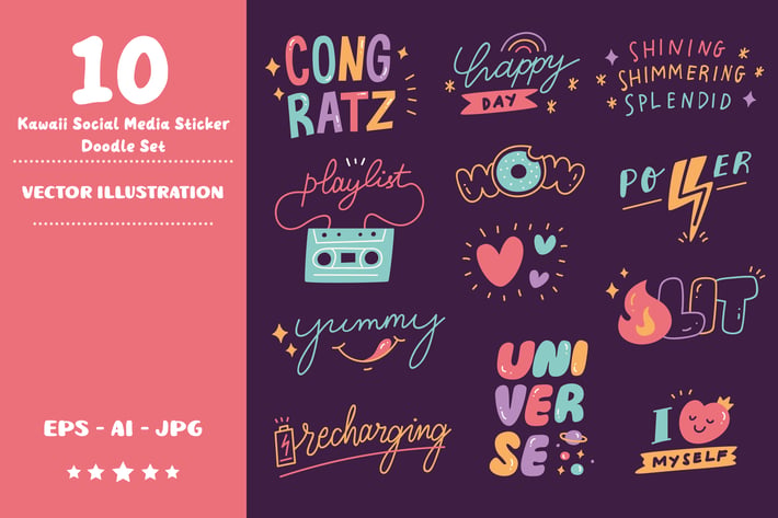 Kawaii Social Media Stickers Doodle Set
