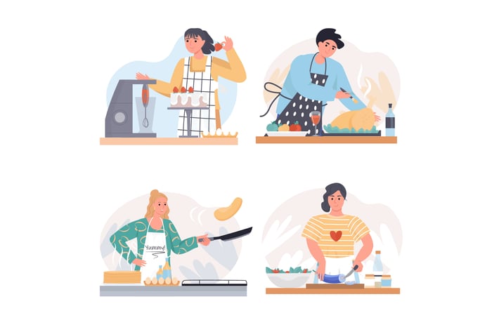 Cooking At Home Concept Scenes Set