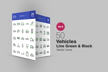 50 Vehicles Green & Black Line Icons