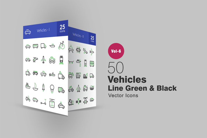 50 Vehicles Green & Black Line Icons