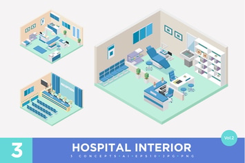 3 Isometric Hospital Clinic Interior Vector Set 2