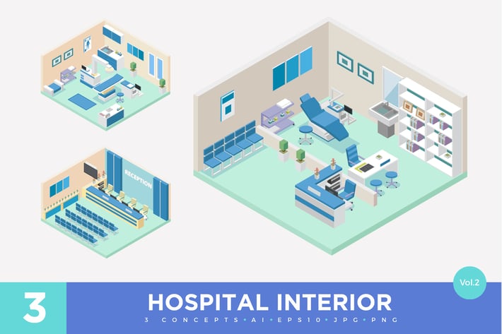 3 Isometric Hospital Clinic Interior Vector Set 2