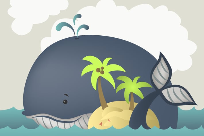 Whale and island in blue sea . Vector illustration