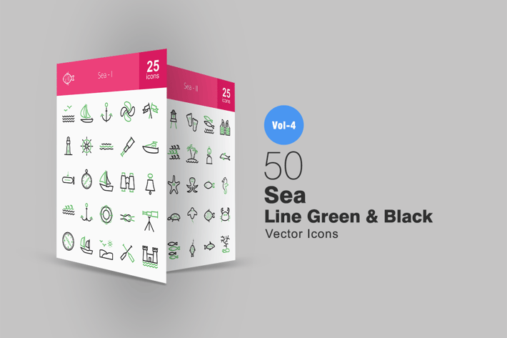 50 Sea Line Green & Black Icons