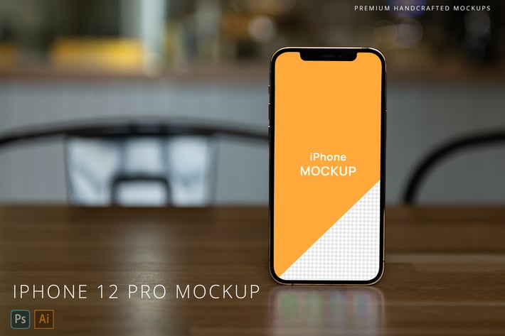 iPhone 12 Pro Mockup on Wooden Table Cafe Interior