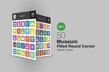 50 Museum Filled Round Corner Icons