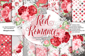 Watercolor RED ROMANCE digital paper pack