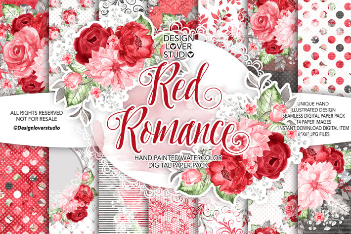 Watercolor RED ROMANCE digital paper pack