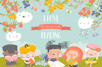 Happy kids reading books on green meadow. Vector 