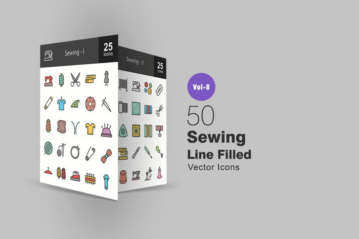 50 Sewing Line Filled Icons