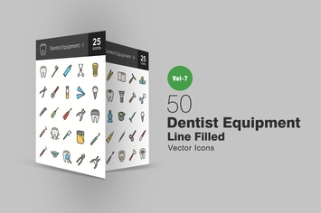 50 Dentist Equipment Filled Line Icons