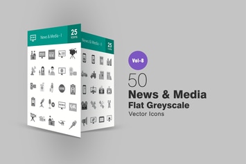 50 News & Media Flat Greyscale Icons