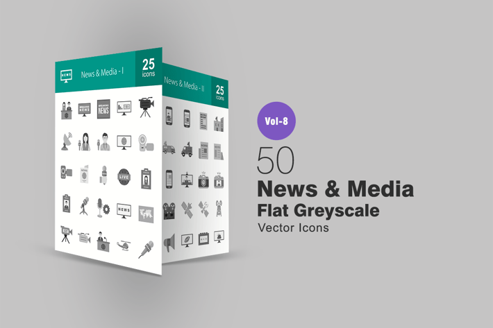 50 News & Media Flat Greyscale Icons