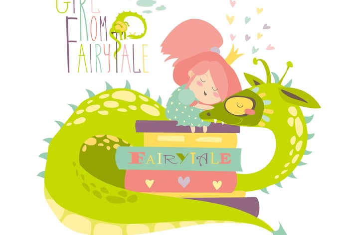 Cute princess sitting on pile of books 