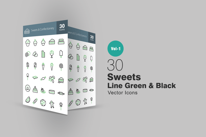 30 Sweets & Confectionery Line Green & Black Icons