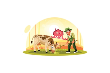 Farmer Feeding Grass to Cow in Farm