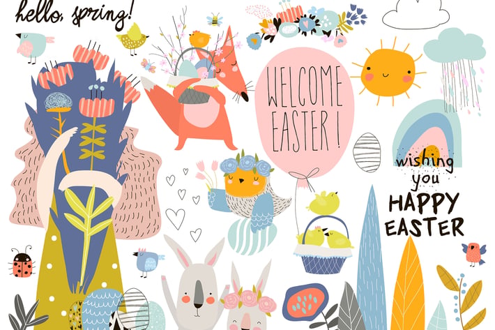 Cute cartoon animals with Easter theme. Happy East