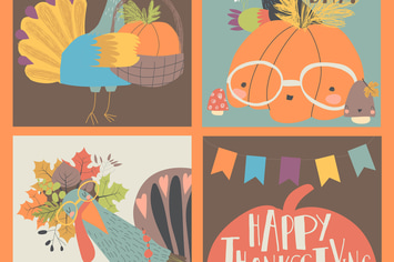 Vector set of Thanksgiving card with turkey and pu
