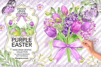 Watercolor PURPLE EASTER digital paper pack
