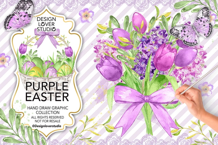 Watercolor PURPLE EASTER digital paper pack