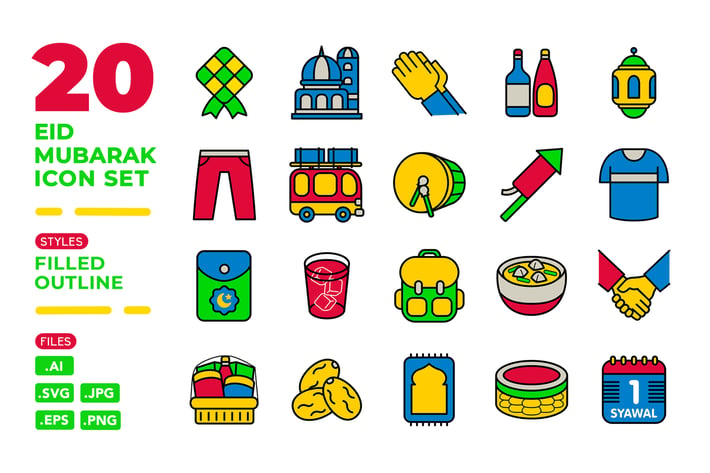Eid Mubarak Icon Set (Filled Outline)