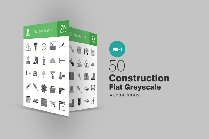 50 Construction Greyscale Icons