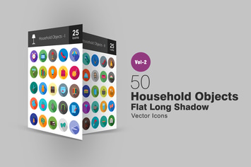 50 Household Objects Flat Long Shadow Icons
