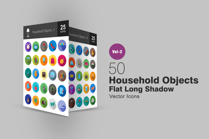 50 Household Objects Flat Long Shadow Icons
