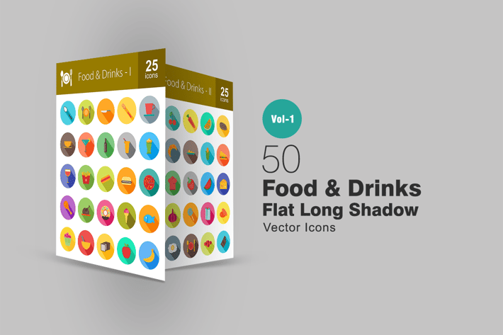 50 Food & Drinks Flat Long Shadow Icons