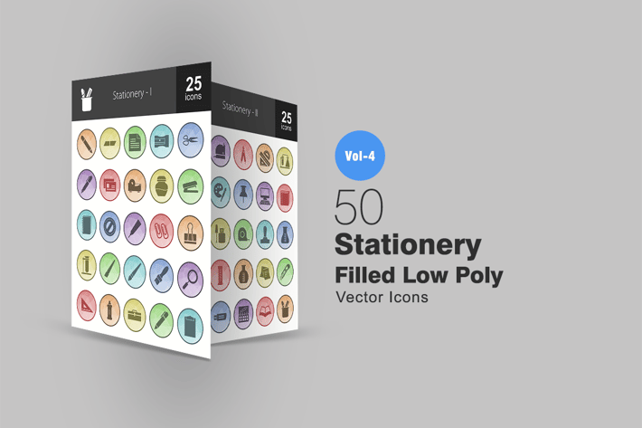 50 Stationery Filled Low Poly Icons