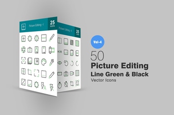 50 Picture Editing Line Green & Black Icons