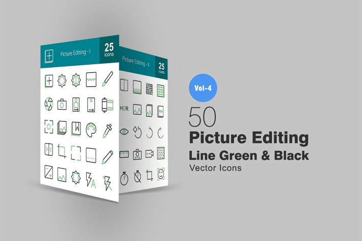 50 Picture Editing Line Green & Black Icons