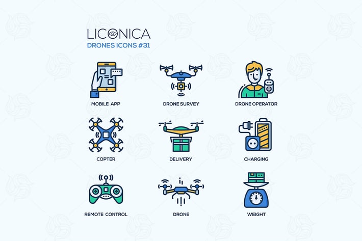 Drones - modern vector flat line design icons set